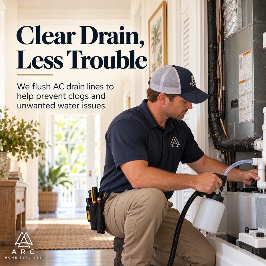 Arc technician flushing an AC condensate drain line at the air handler. Text on image: Clear Drain, Less Trouble.