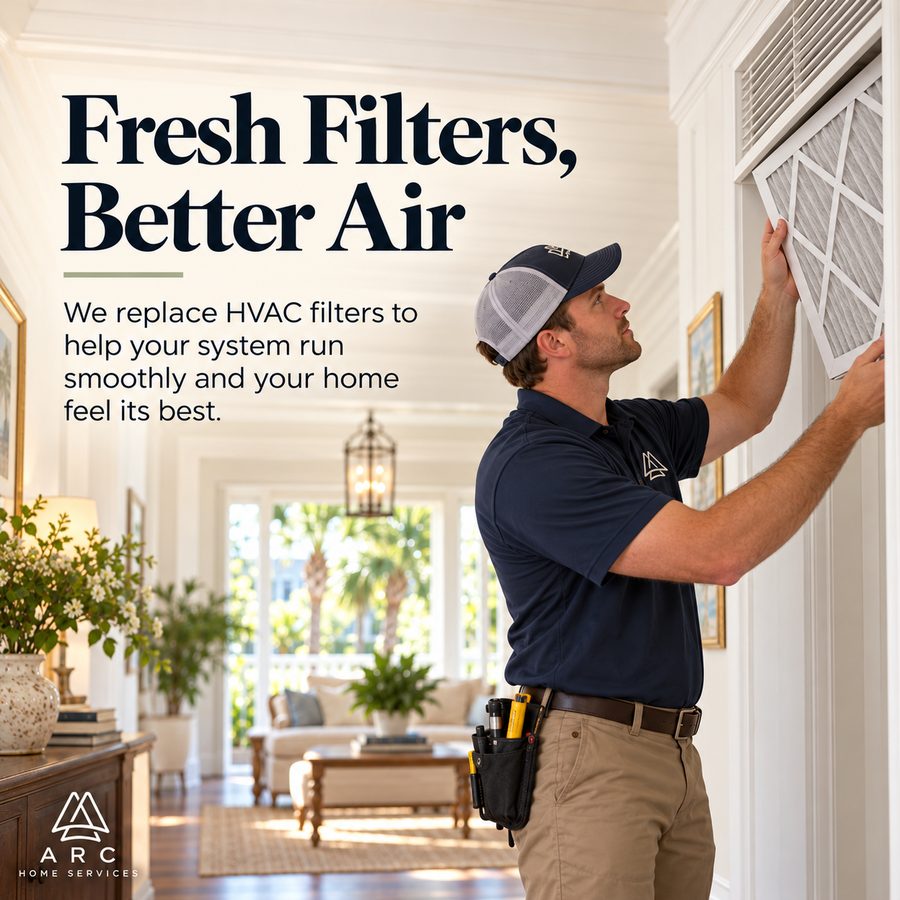 Arc technician replacing an HVAC filter in a bright Charleston-style home. Text on image: Fresh Filters, Better Air.