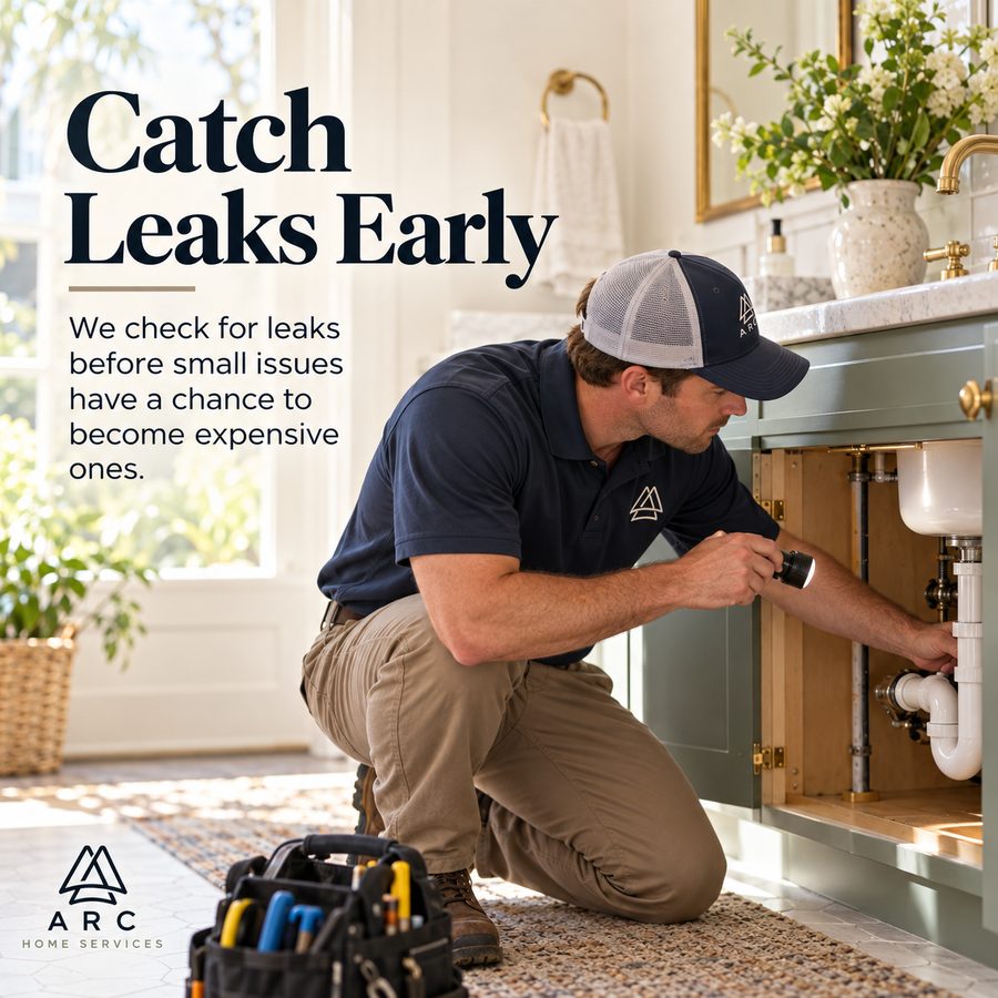 Arc technician checking under a sink for leaks with a flashlight. Text on image: Catch Leaks Early.