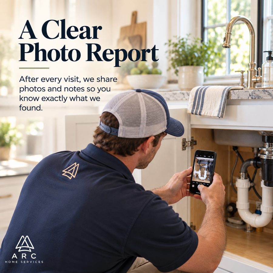 Arc technician photographing under-sink plumbing with a phone for the visit report. Text on image: A Clear Photo Report.