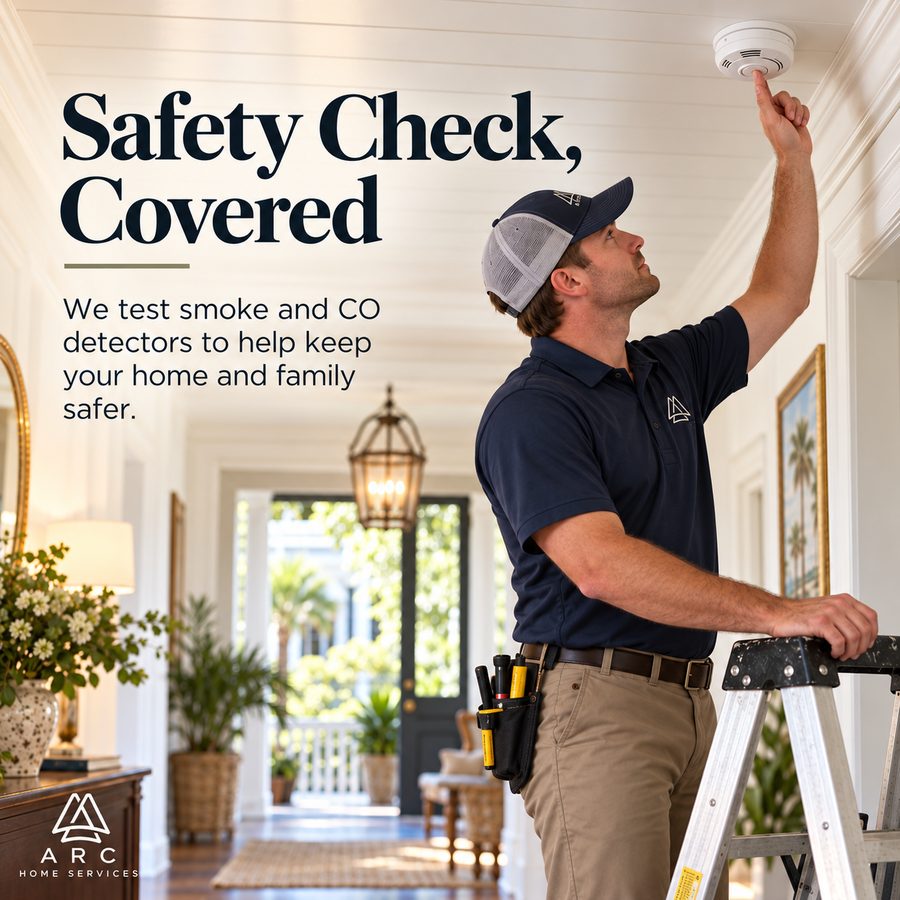 Arc technician testing a ceiling smoke detector from a ladder. Text on image: Safety Check, Covered.