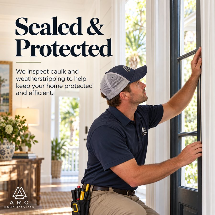 Arc technician inspecting window weatherstripping. Text on image: Sealed and Protected.