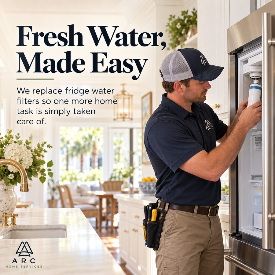 Arc technician replacing a refrigerator water filter. Text on image: Fresh Water, Made Easy.